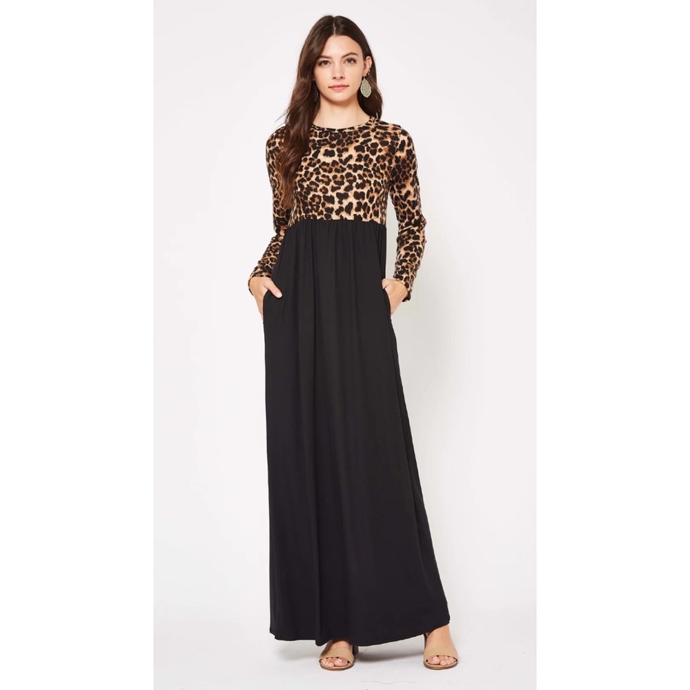 Beeson River NWOT Empire Waist Leopard Maxi Dress w/ Pockets - Brown / Black